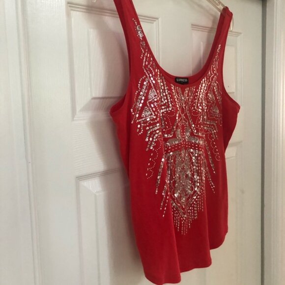 Express Embellished Silver Sequin Red Tank Top - Picture 6 of 15